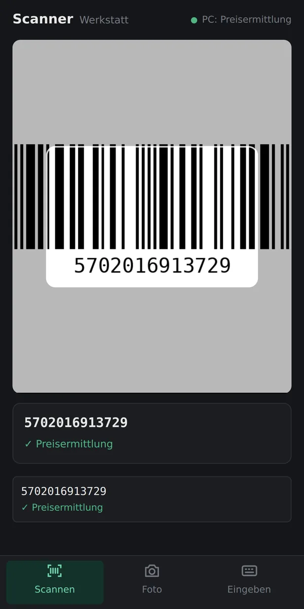 Das Handy als Scanner: ein Strichcode wurde gelesen und an den Rechner geschickt